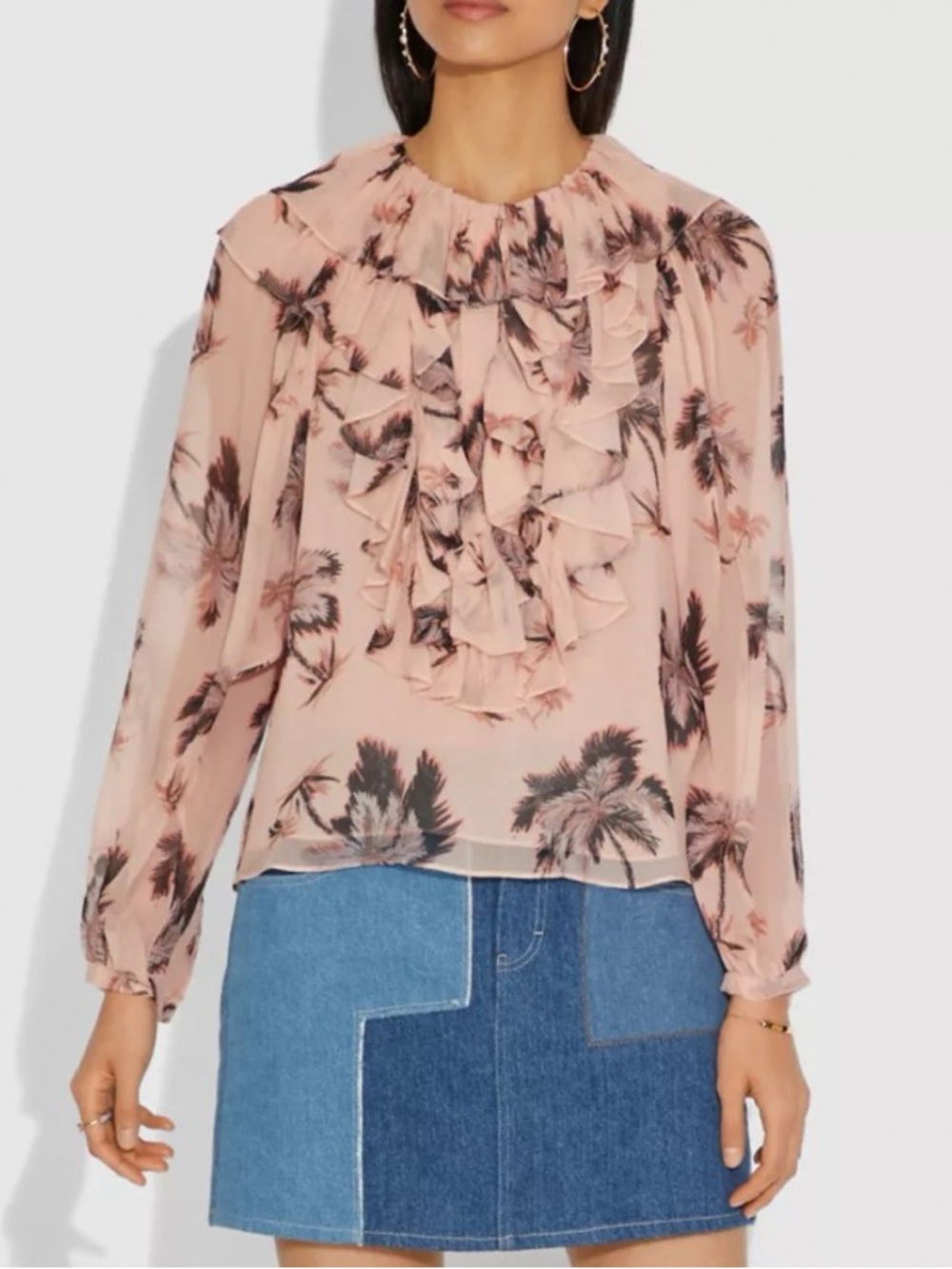 Coach Floral Silk Chiffon Peasant Button Up Long Sleeve Shirt Blouse, 4